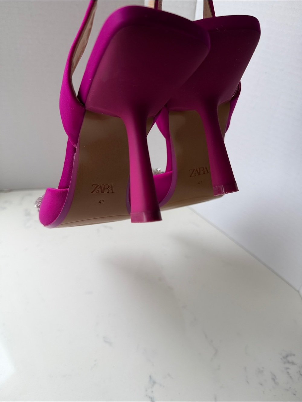 Zara Fuchsia Slingback Pointed Toe Heels with Crystal Bow size 11 - Picture 4 of 11